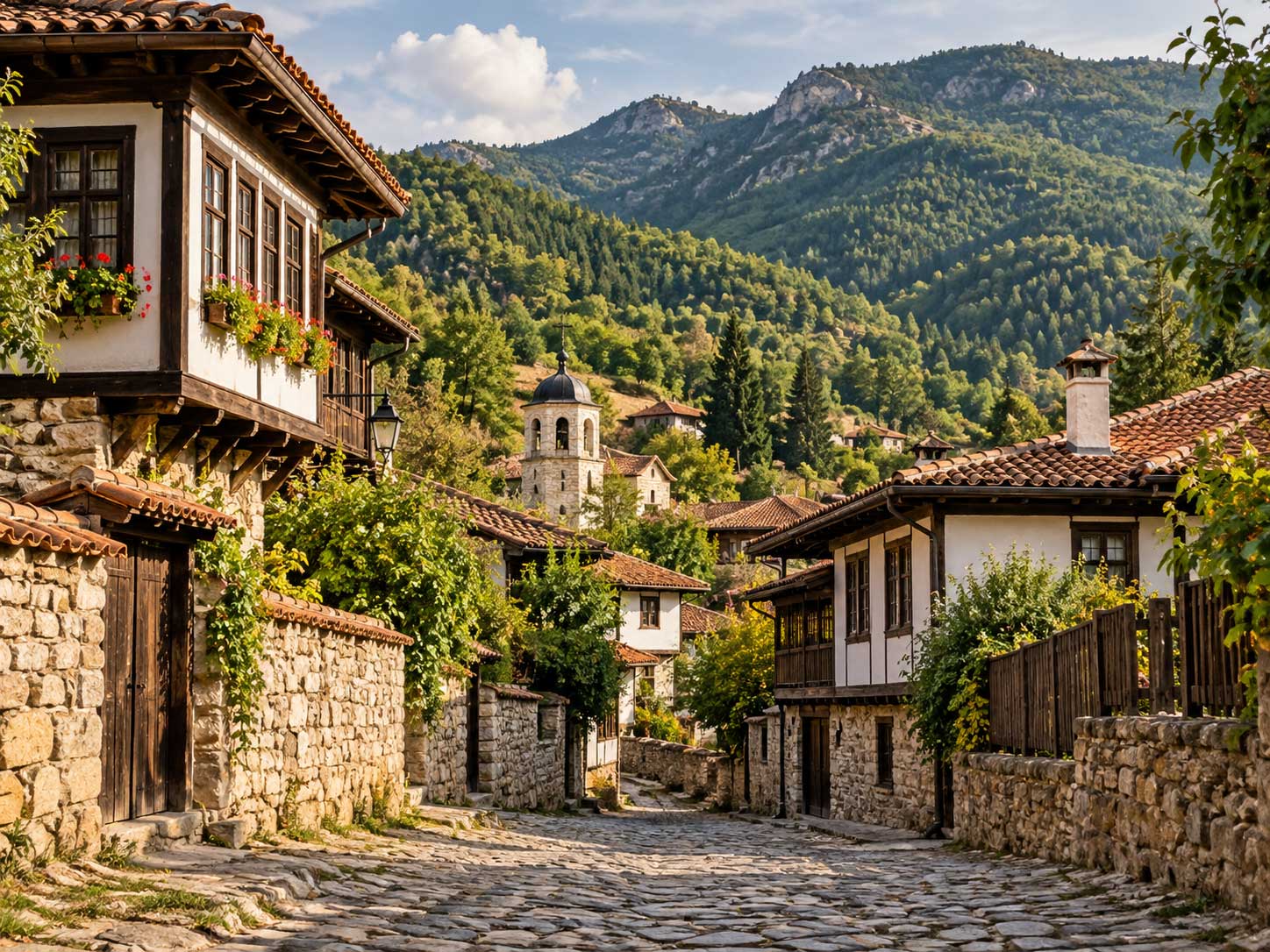 Traditional Revival architecture and mountain scenery in Kotel, Bulgaria