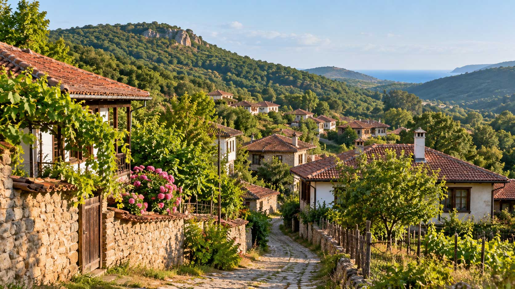 Brodilovo village in Bulgaria surrounded by green Strandzha hills and traditional red-roofed houses
