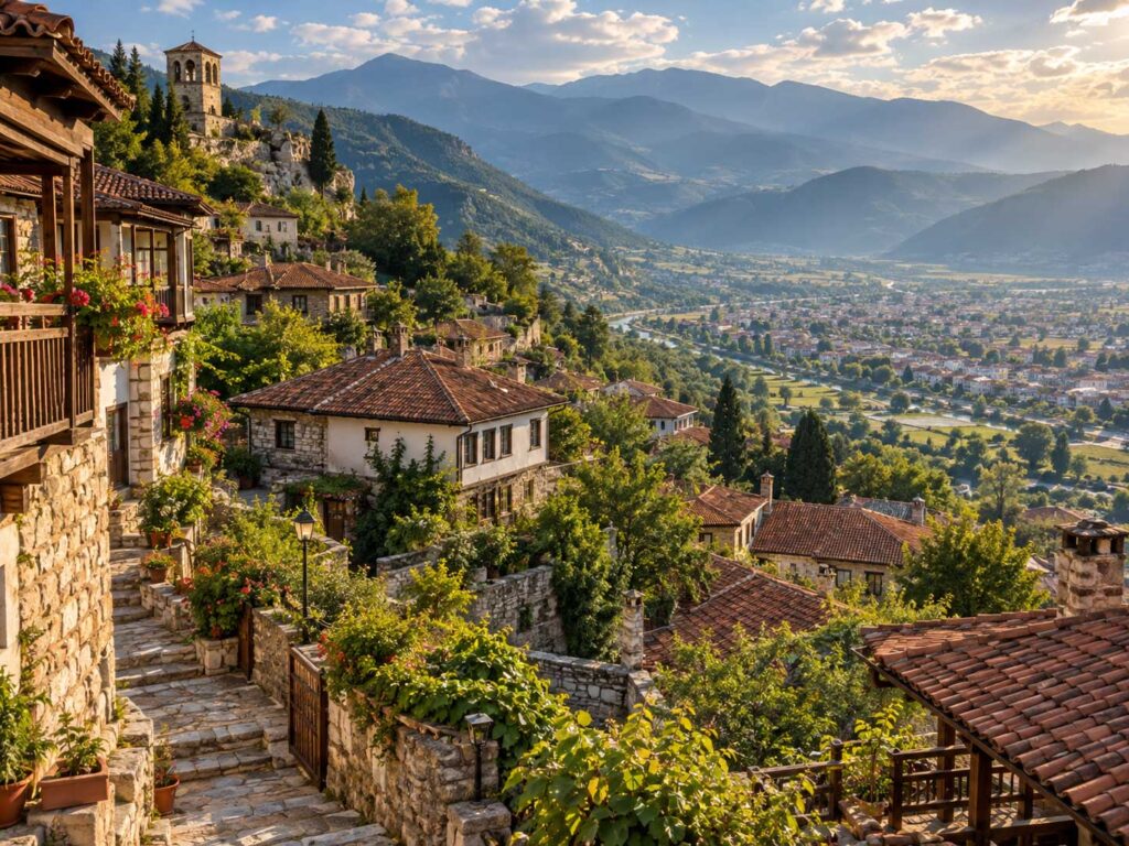 Delchevo village overlooking the Gotse Delchev valley in southwestern Bulgaria