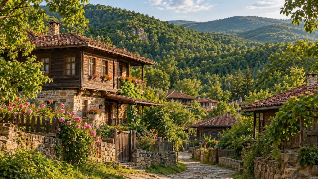 Traditional houses in Brashlyan village surrounded by Strandzha forest in Bulgaria
