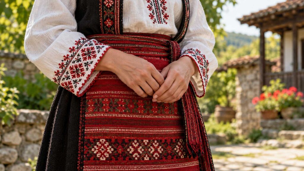 Bulgarian folk clothing with embroidered sleeves