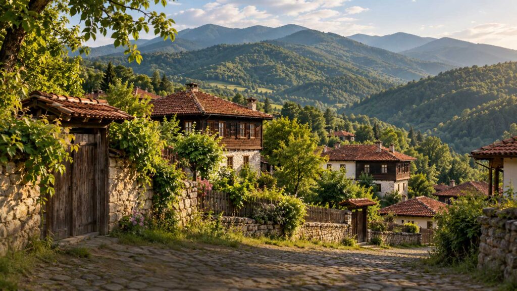 Bulgarian mountain village with traditional houses surrounded by wooded hills