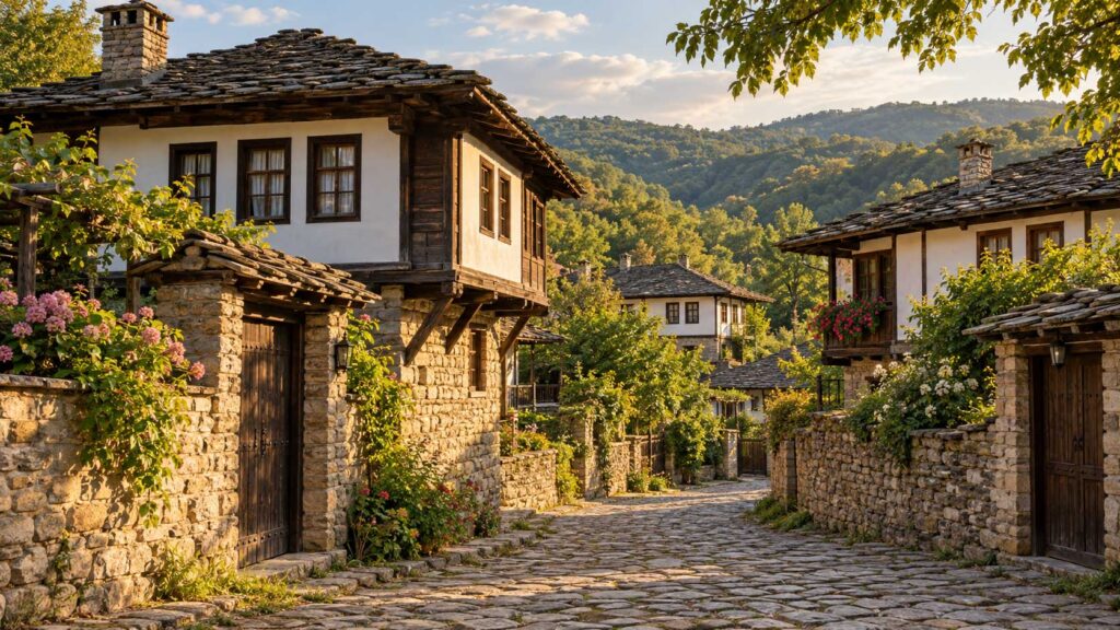 Bozhentsi Bulgaria village traditional houses and a cobblestone lane inspired by Bozhentsi