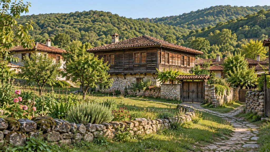 Brashlyan with a traditional wooden house