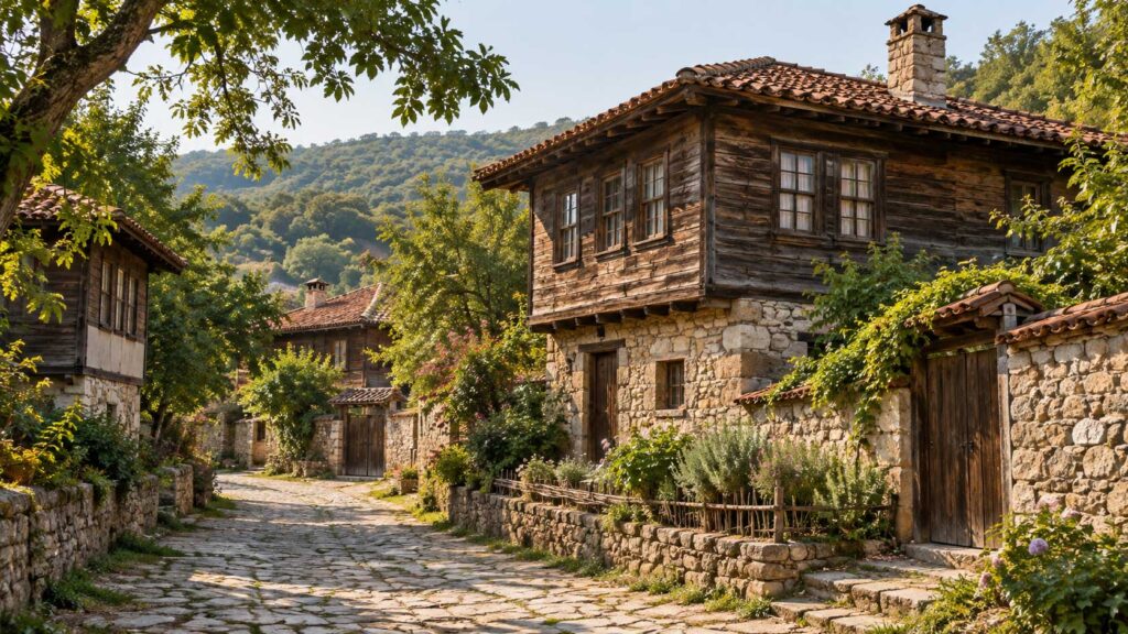 Brashlyan village Bulgaria with traditional wooden houses