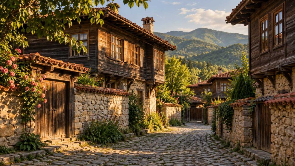 Zheravna Bulgaria with wooden houses and a quiet cobblestone lane