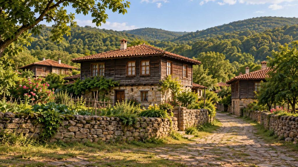 Strandzha village scene with traditional wooden houses