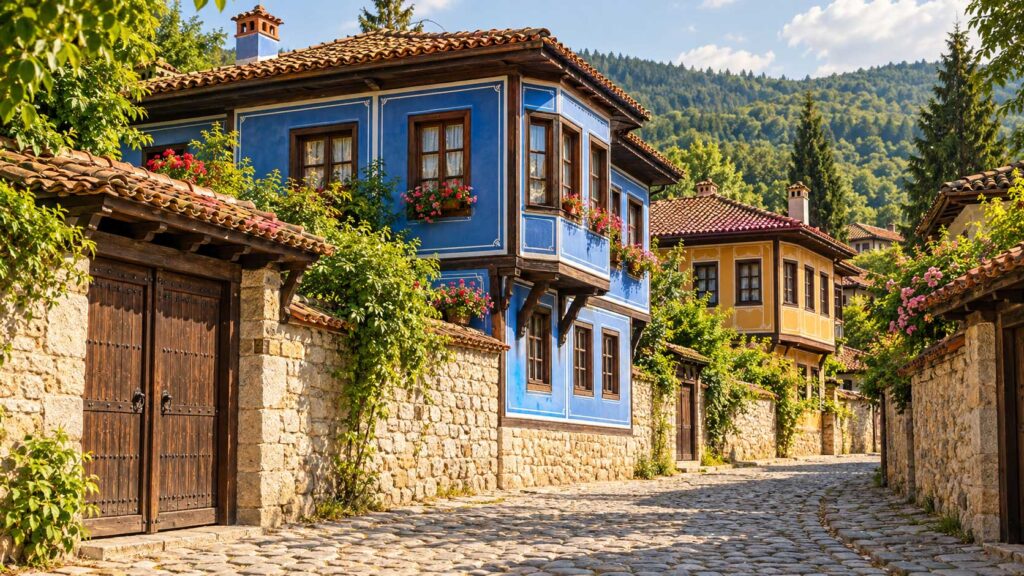Koprivshtitsa Bulgaria with colorful Revival houses along a cobblestone