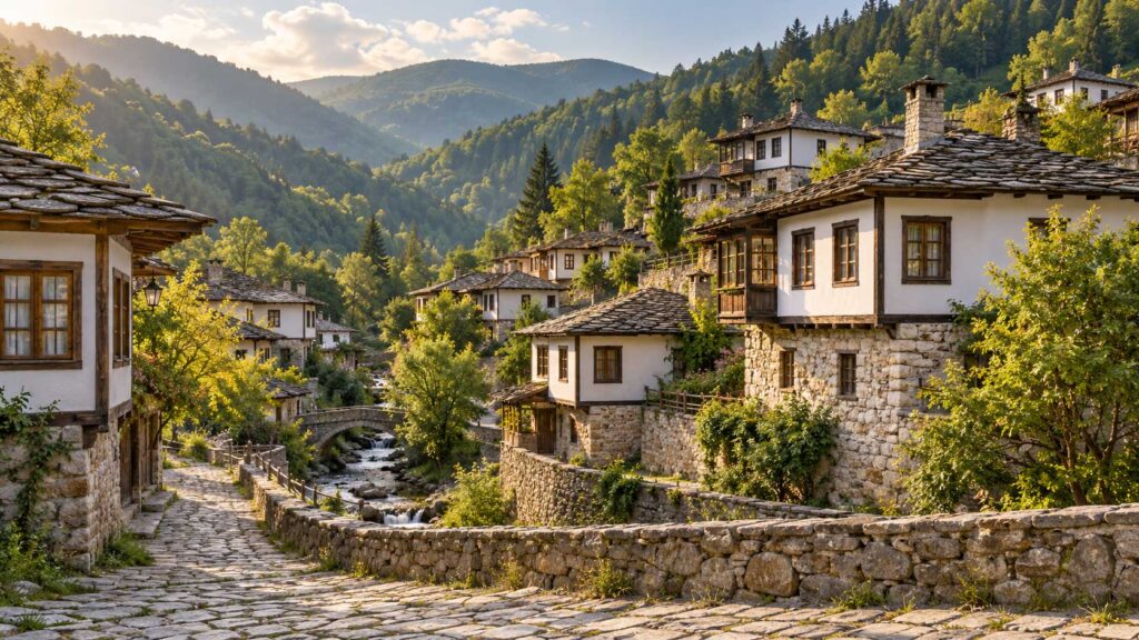 Rhodope village scene with traditional stone-roofed houses