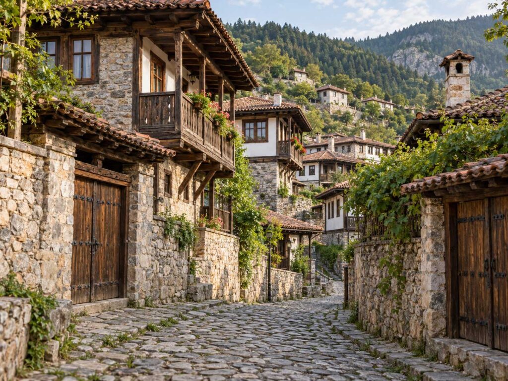 Cobblestone street and traditional stone houses in Dolen Bulgaria